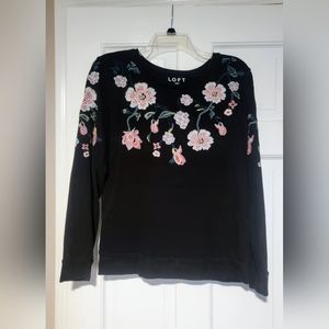 LOFT Black Sweatshirt with Floral Embroidery